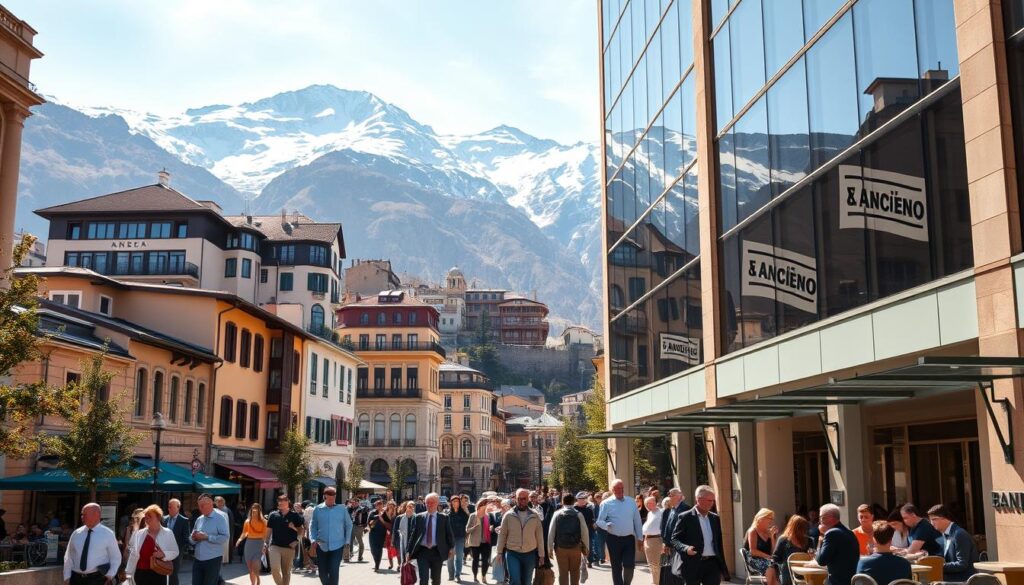A bustling street scene in the heart of Andorra sun drenched and vibrant In the foreground a modern glass fronted bank building stands tall its sleek architecture reflecting the surrounding mountains People hurry in and out briefcases in hand while others linger at outdoor cafes sipping coffee and discussing the latest financial news In the middle ground traditional Andorran architecture blends seamlessly with contemporary structures showcasing the country's rich heritage and progressive economic landscape. The background is dominated by the majestic, snow-capped Pyrenees, casting a serene and awe-inspiring presence over the scene. Warm, diffused lighting illuminates the entire tableau, creating a sense of prosperity and sophistication.