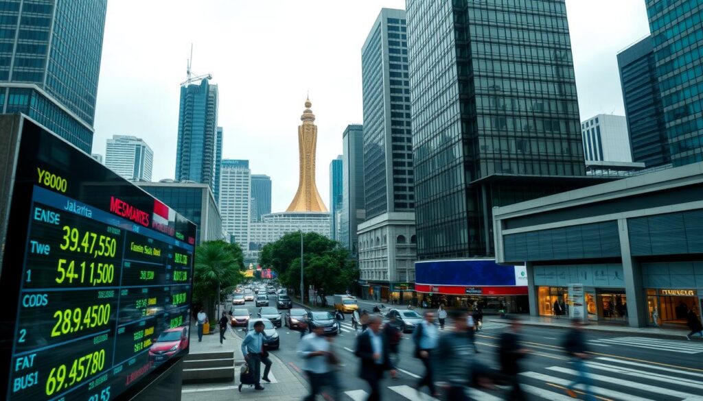A cityscape of Jakartas financial district with towering skyscrapers and bustling streets In the foreground a digital display shows real time market data and currency exchange rates casting a soft glow on the scene The middle ground features traders and brokers hurrying between offices their movements captured in a blur of motion The background is dominated by the iconic Monas monument its golden spire piercing the hazy overcast sky symbolizing the economic power and influence of Indonesia The composition is balanced with a sense of urgency and dynamism reflecting the constant flux of the Indonesian money market