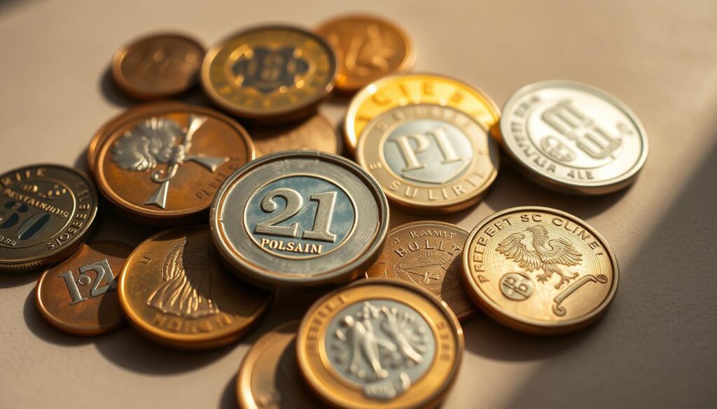 A close up still life of a collection of Polish coins neatly arranged on a neutral colored surface with warm natural lighting illuminating their intricate designs The coins should include various denominations such as the złoty grosz and other common Polish currency showcasing their distinct shapes sizes and embossed patterns The composition should emphasize the visual appeal and recognizable features of these iconic Polish financial instruments capturing their essence as part of the countrys cultural and economic identity
