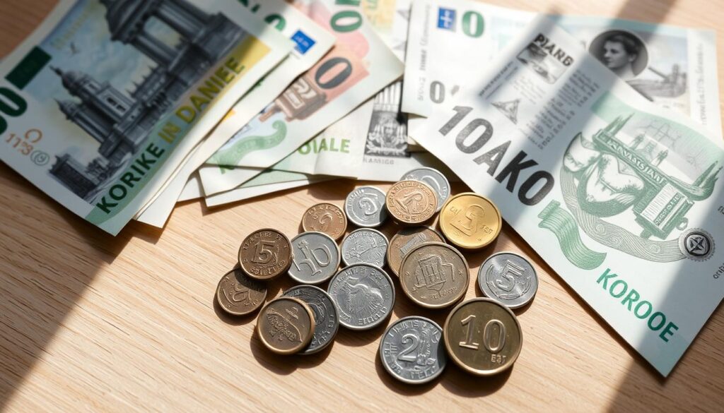A close up view of various Danish krone banknotes and coins arranged on a clean well lit wooden surface The bills feature distinct patterns colors and images depicting Danish landmarks and cultural elements The coins ranging from the smallest øre to the larger kroner are cleanly minted and organized in a visually appealing manner The lighting is soft and natural casting gentle shadows that accentuate the textural details of the currency The overall composition evokes a sense of precision functionality and the practical utility of the Danish monetary system for everyday transactions