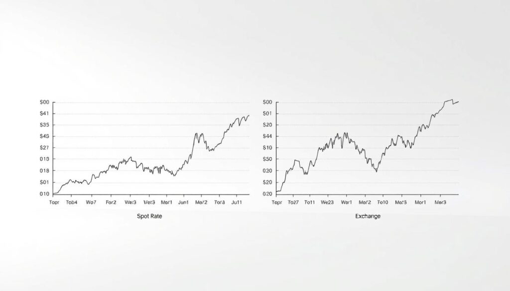 A detailed data driven visualization comparing the spot rate and exchange rate Set against a minimalist clean background the foreground features two precise line graphs   one representing the spot rate the other the exchange rate both with clear axes legends and gridlines The graphs are placed side by side allowing for easy visual comparison The lighting is soft and even with a slightly muted color palette to maintain focus on the data The overall composition is balanced and professional conveying the technical nature of the subject matter in a visually engaging manner