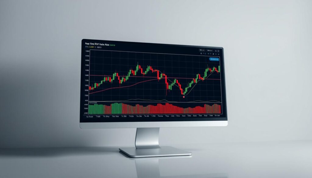 A detailed forex trading chart displayed on a sleek modern computer monitor The chart shows the real time spot rate of major currency pairs with dynamic lines and numerical data visualizing the fluctuations The chart is presented against a minimalist monochromatic background creating a focused professional atmosphere Soft directional lighting emphasizes the clarity and precision of the data while a shallow depth of field draws the viewers attention to the essential information The overall scene conveys the crucial role of spot rates in guiding forex traders decisions