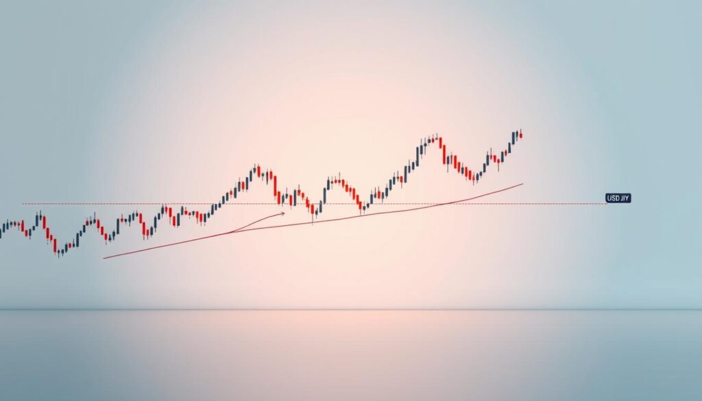 A detailed high resolution technical analysis chart depicting the current USDJPY exchange rate The chart is presented against a clean minimalist backdrop with a focus on key technical indicators such as moving averages support and resistance levels and candlestick patterns The chart is rendered in a sleek professional style with clear labeling and annotations to aid interpretation Subtle lighting and camera angles emphasize the precision and clarity of the data visualization The overall mood is one of analytical rigor and financial sophistication reflecting the subject matter of the article