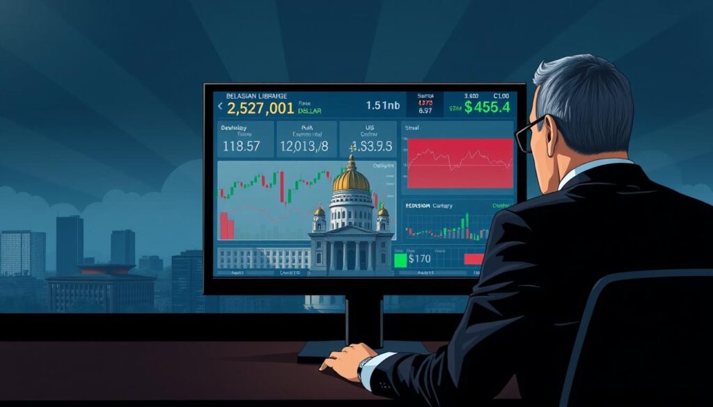 A detailed illustration of Belarusian ruble exchange rates showcasing a dynamic forex trading dashboard The foreground depicts a computer screen displaying real time exchange rates charts and trade indicators for the Belarusian ruble against the US dollar The middle ground features a businessman in a suit intently studying the screen making informed decisions In the background a city skyline with the iconic Minsk National Library building symbolizes the broader economic landscape of Belarus Dramatic lighting casts shadows creating a sense of urgency and importance The overall mood is one of financial analysis international trade and economic strategy
