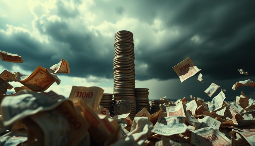 A dramatic depiction of the Asian financial crisis impact on currency captured in a cinematic wide angle shot In the foreground crumpled currency notes in various denominations flutter in a strong wind symbolizing the volatility and instability that swept through the regions economies The middle ground features a towering stack of coins their once solid foundations crumbling representing the collapse of currency values In the distant background a stormy ominous sky looms casting an atmosphere of uncertainty and turmoil The lighting is low key with dramatic shadows and highlights accentuating the sense of crisis and upheaval The overall scene conveys the profound and far reaching consequences of the crisis on the regions financial systems
