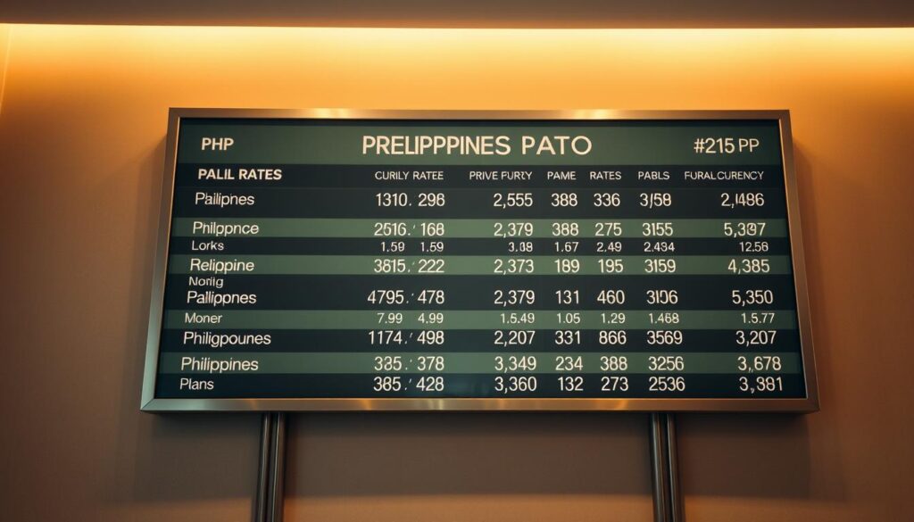 A large display board showcasing the current foreign exchange rates for the Philippine Peso PHP against major global currencies The board is mounted on a sleek metal frame illuminated by warm focused lighting that casts a professional financial atmosphere The rates are displayed in a clean minimalist font with the PHP prominently highlighted The background is a muted neutral tone allowing the currency information to take center stage The composition is balanced with the board positioned slightly off center to create visual interest The overall effect is one of authoritative up to the minute financial data suitable for inclusion in a comprehensive guide to the Philippine currency
