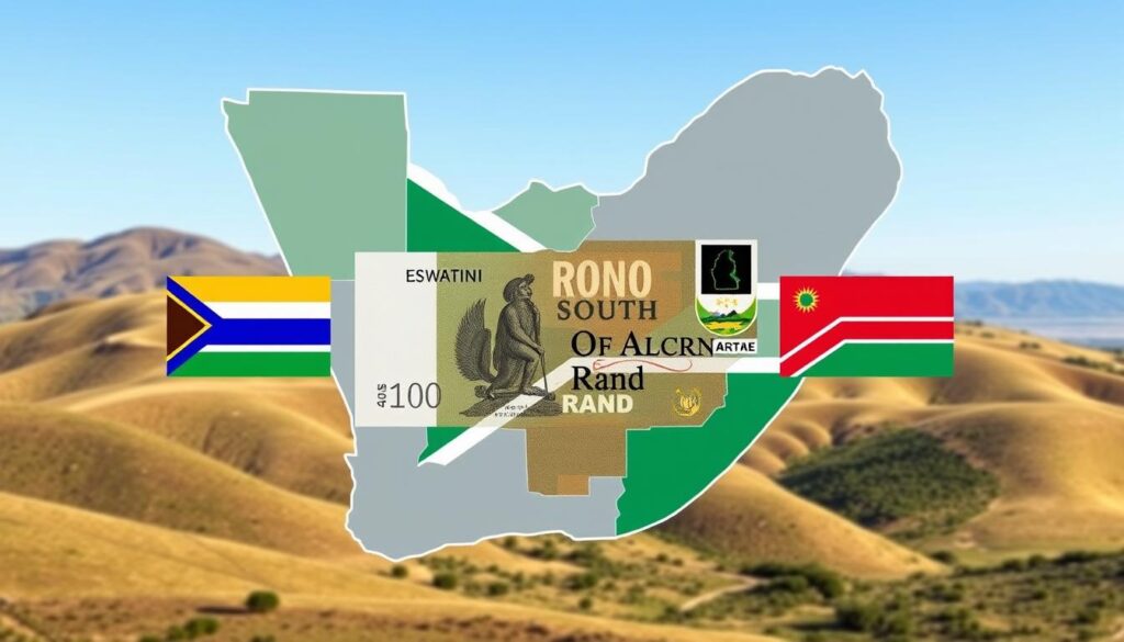 A large map of the Common Monetary Area displayed against a backdrop of rolling hills and a clear blue sky The map is rendered in shades of green blue and gray with the borders of the member countries clearly delineated The South African rand occupies the central focus surrounded by the flags of Eswatini Lesotho and Namibia highlighting their shared currency and economic ties The image conveys a sense of stability cooperation and regional integration capturing the essence of the Common Monetary Area and its relationship with the South African rand