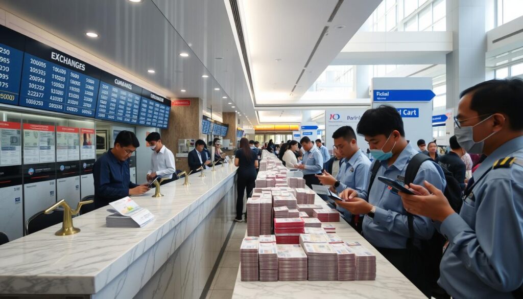 A modern currency exchange office in a bustling Indonesian city Bright natural lighting illuminates the marble countertops and polished brass fixtures Uniformed clerks stand behind glass partitions ready to assist customers exchanging various foreign banknotes for stacks of crisp Indonesian Rupiah bills Travelers consult exchange rate screens calculators in hand as they carefully inspect the transaction details The atmosphere conveys a sense of efficiency and professionalism reflecting the pragmatic needs of those seeking the best exchange options while visiting Indonesia