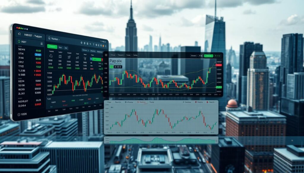 A modern forex trading platform interface with a sleek and intuitive design The foreground displays real time market data charts and trading tools all presented in a clean minimalist layout The middle ground showcases various currency pairs with dynamic graphs and performance indicators In the background a cityscape with skyscrapers and financial district elements creates a sense of the global financial landscape The lighting is soft and natural with a cool professional tone captured through a wide angle lens to provide a comprehensive view of the platforms capabilities The overall atmosphere conveys a sense of precision efficiency and the power of data driven investment strategies