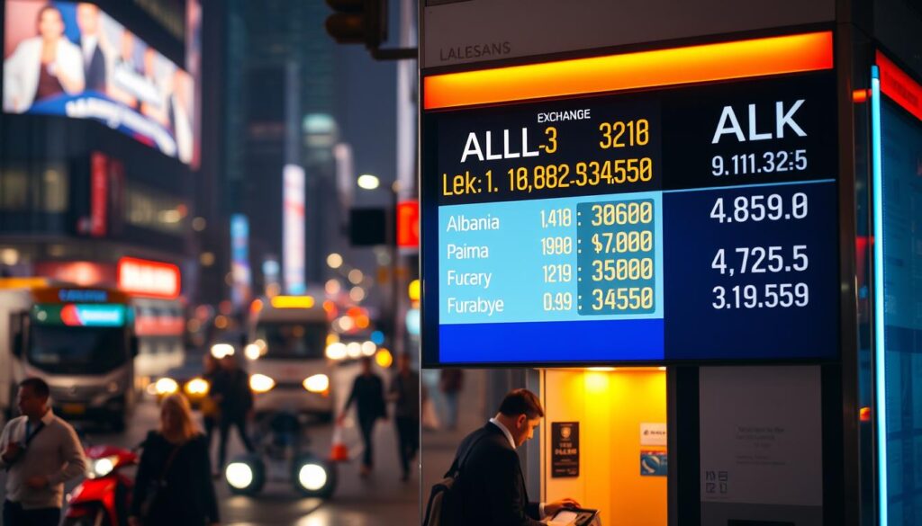 A neon lit currency exchange booth in a bustling urban center with a digital display showcasing the current Albanian lek ALL exchange rates against major global currencies The booth is illuminated by warm vibrant lighting casting a glow on the sleek minimalist design In the foreground crisp high contrast details of the exchange booth with a professional looking attendant ready to assist customers The middle ground features a blurred dynamic scene of pedestrians and vehicles capturing the energy and activity of the surrounding city The background fades into a hazy atmospheric cityscape hinting at the larger economic context The overall mood is one of modernity efficiency and financial transparency reflecting the significance of the Albanian lek and its global exchange rates