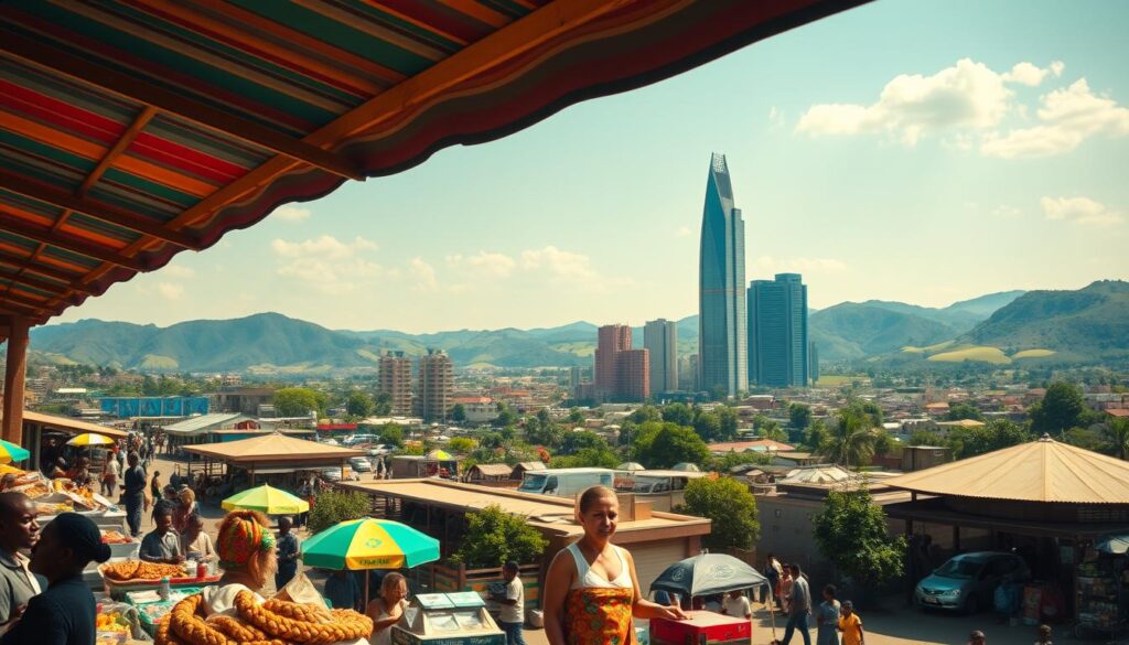 A panoramic view of the Kingdom of Eswatinis economic landscape captured with a wide angle lens In the foreground a bustling marketplace showcases the vibrant trade and commerce with vendors exchanging the local currency the Lilangeni SZL The middle ground reveals the towering skyscrapers of the financial district reflecting the nations growing economic power and the role of the Lilangeni in its financial system In the background rolling hills and lush greenery symbolize the countrys agricultural wealth providing a serene counterpoint to the urban dynamism The scene is bathed in warm golden light conveying a sense of prosperity and stability