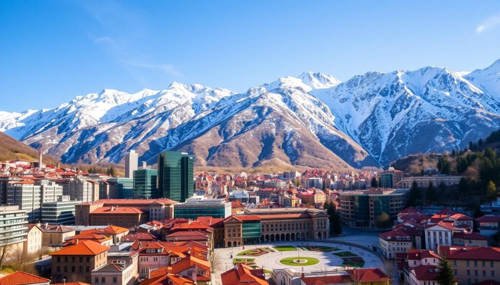 A picturesque cityscape of Andorra la Vella the capital of Andorra with its distinctive red roofed buildings nestled between towering snow capped mountains In the foreground a bustling financial district filled with modern glass skyscrapers and sleek office buildings representing the country's thriving business and tax-advantaged economy. The middle ground features a well-manicured public square, where citizens and visitors alike gather to enjoy the mild climate and low-tax environment. In the background, the rugged Pyrenees mountains rise majestically, creating a breathtaking natural backdrop to this prosperous and thriving Principality. The scene is bathed in warm, golden light, conveying a sense of prosperity and financial stability.