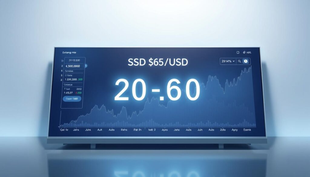 A realistic high resolution digital illustration of the SGD to USD exchange rate showcasing the dynamic fluctuations of the Singapore dollar against the US dollar The scene depicts a sleek minimalist interface with a real time display of the current exchange rate complemented by interactive charts and graphs that illustrate historical trends The overall composition should convey a sense of financial sophistication and data driven decision making with a cool neutral color palette and clean modern aesthetics The lighting should be soft and diffused creating a sense of depth and emphasizing the clarity of the information presented