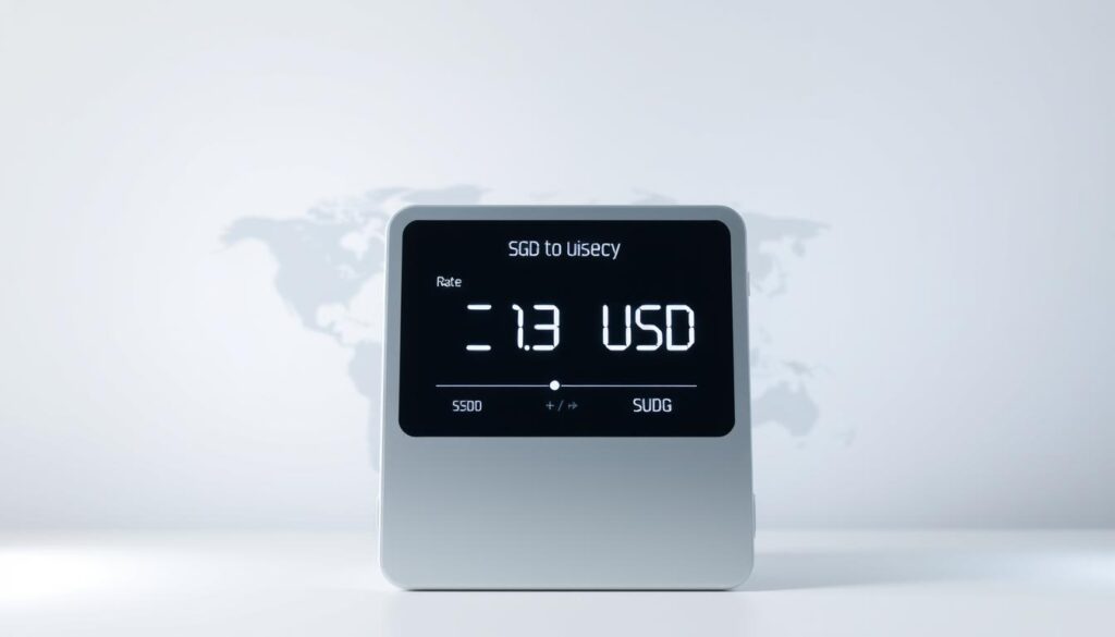 A sleek and modern SGD to USD currency converter interface set against a clean minimalist background The foreground features a digital display showing the current exchange rate with intuitive controls for inputting the SGD amount and seamlessly converting it to USD The middle ground showcases a simplified world map subtly highlighting the relationship between the two currencies Soft diffused lighting creates a calm professional atmosphere while the camera angle provides a frontal user centric perspective The overall design emphasizes efficiency clarity and the ease of currency conversion reflecting the Best Practices for Currency Exchange theme