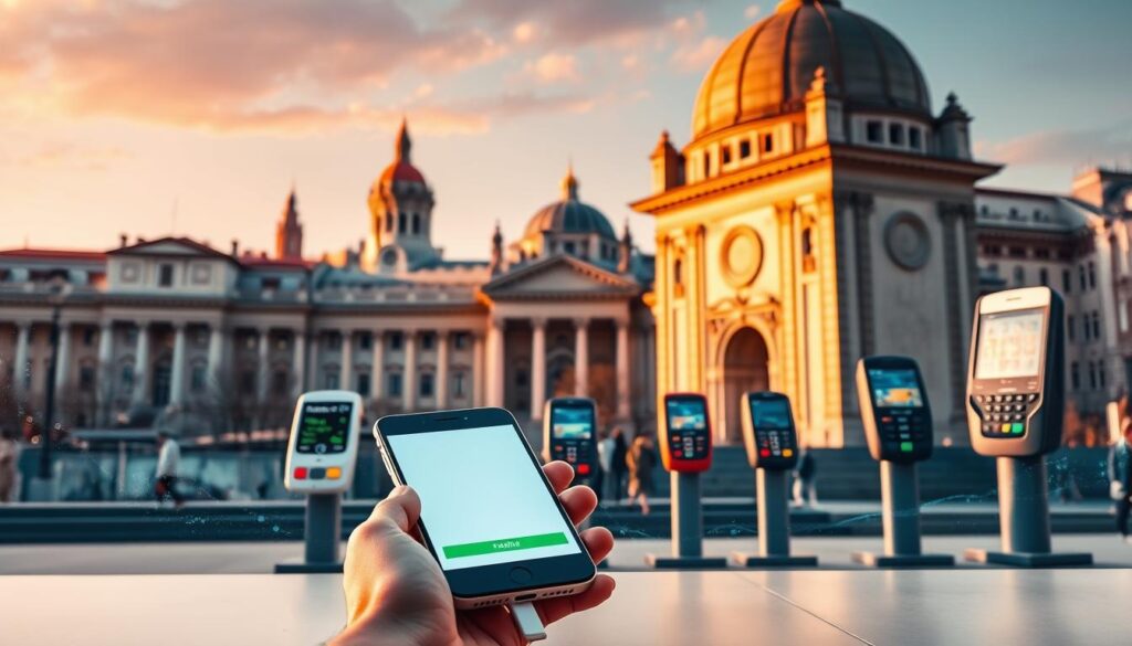 A vibrant digital landscape showcasing the evolution of payments in Bulgaria In the foreground a sleek mobile device displays a contactless transaction its crisp interface illuminated by a warm natural lighting In the middle ground a array of modern payment terminals stand ready to accept various digital methods from mobile wallets to contactless cards The background depicts the iconic architecture of a Bulgarian city its historic buildings juxtaposed with the cutting edge technological infrastructure that enables seamless financial transactions The scene conveys a harmonious blend of tradition and innovation reflecting Bulgarias embrace of the digital payment revolution