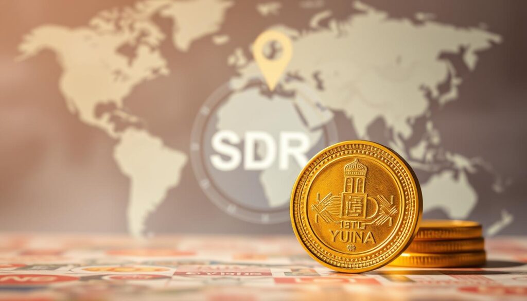 A vivid depiction of the yuans inclusion in the IMFs SDR basket In the foreground a close up of a golden Chinese yuan coin its intricate design and hue capturing the richness of the currency In the middle ground a graphic visualization of the IMFs SDR basket with the yuan taking a prominent position among the other global reserve currencies In the background a soft blurred world map symbolizing the yuans growing international status and influence The scene is illuminated by warm natural lighting creating a sense of prestige and significance The overall composition conveys the gravity and importance of this milestone in Chinas currency evolution