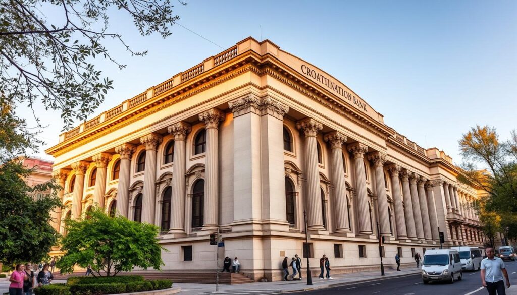 An imposing neoclassical building with ornate columns and grand arched windows situated on a bustling city street The Croatian National Banks facade exudes an air of authority and stability reflecting the institutions role as the central bank of Croatia Warm afternoon sunlight bathes the structure creating a sense of solidity and reliability The surrounding landscape features lush greenery and people going about their daily business highlighting the banks integration within the urban fabric The overall scene conveys the banks importance as a keystone of the Croatian monetary system