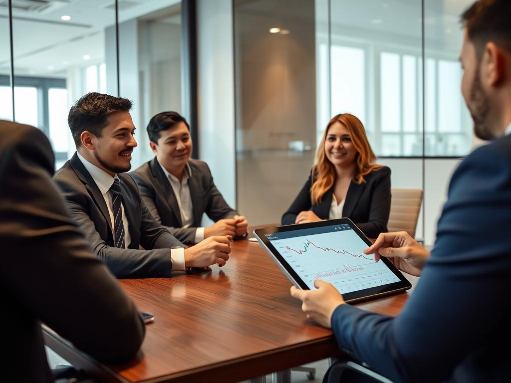 Business professionals discussing loan terms with swap rate chart