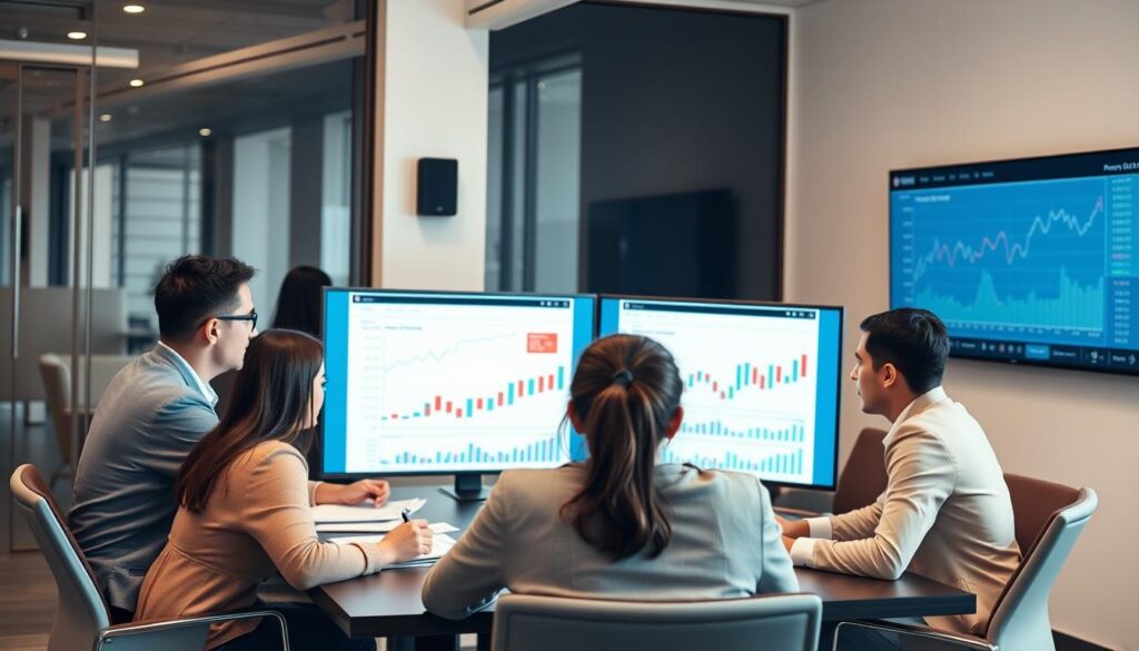 Business team analyzing financial data and creating recession contingency plans Business team analyzing financial data and creating recession contingency plans