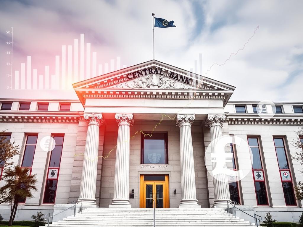 Central bank building with monetary policy symbols
