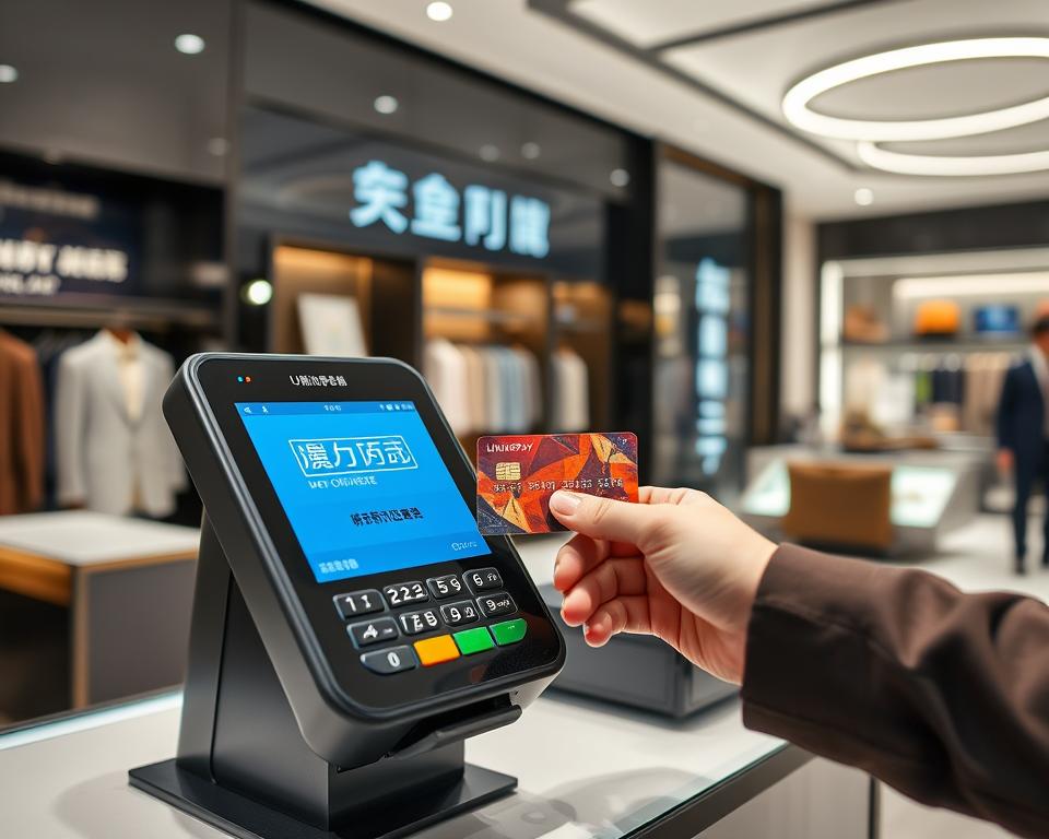 Chinese consumer using a contactless credit card at a modern POS terminal in Beijing Chinese consumer using a contactless credit card at a modern POS terminal in Beijing