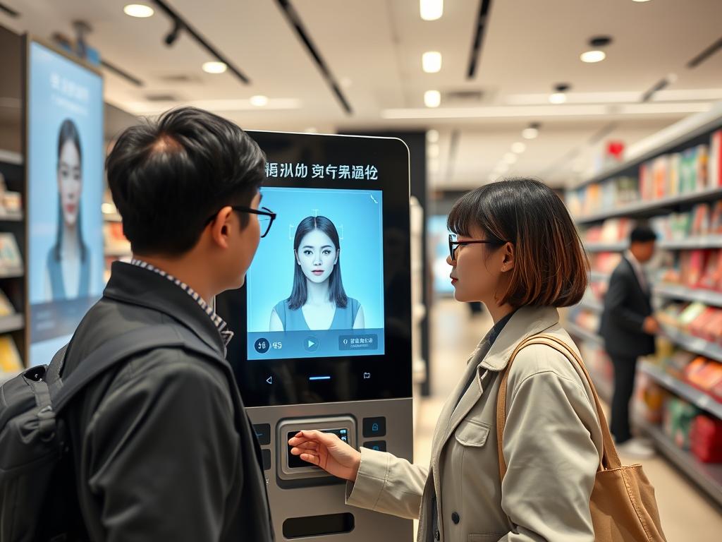 Chinese consumer using facial recognition payment technology at a modern retail store in Shanghai Chinese consumer using facial recognition payment technology at a modern retail store in Shanghai