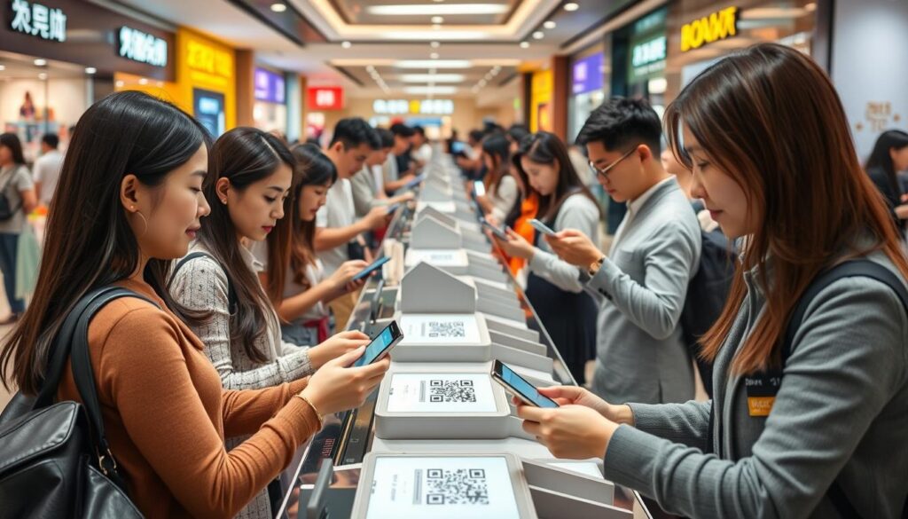 Chinese consumers using mobile payment apps instead of credit cards at a busy shopping mall in Shenzhen Chinese consumers using mobile payment apps instead of credit cards at a busy shopping mall in Shenzhen