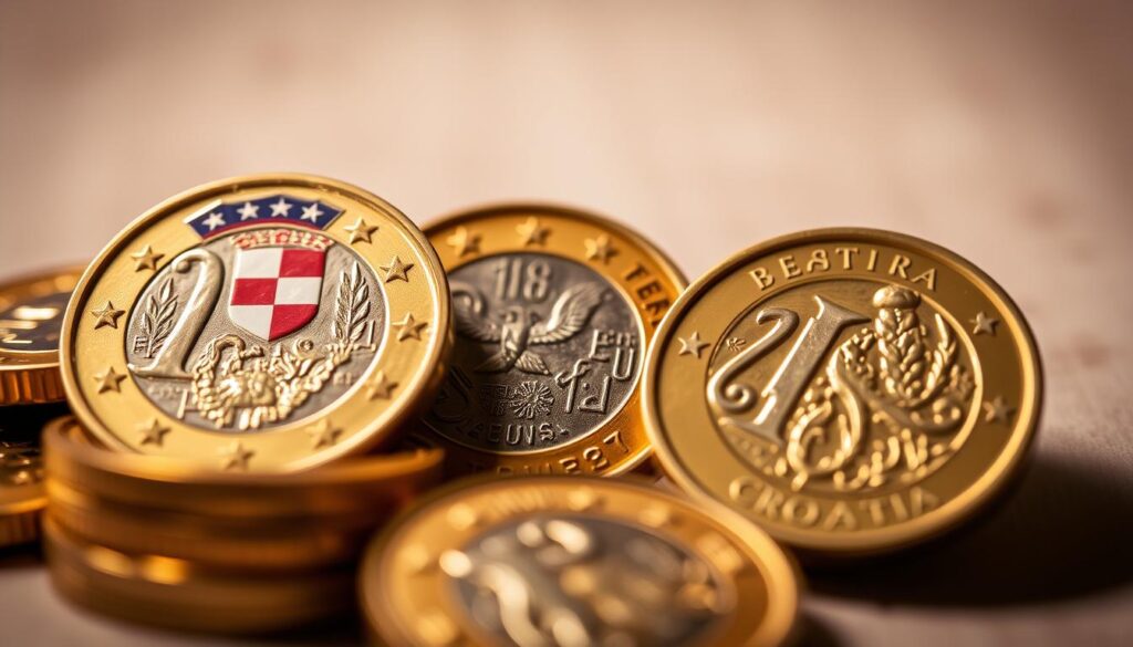 Detailed Croatian Euro coins meticulously crafted with intricate patterns and national symbols Close up view showcasing the intricate designs with warm directional lighting highlighting the metallic surfaces and textural details Positioned against a softly blurred neutral background to emphasize the coins Captured with a shallow depth of field creating a sense of depth and focus on the essential elements The composition and lighting work together to convey the pride and craftsmanship of Croatias new official currency