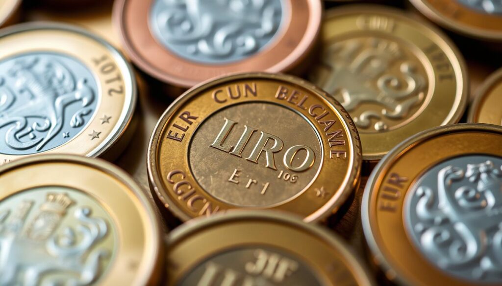 Detailed close up shot of several Belgian Euro coins meticulously crafted with precision Gleaming copper silver and gold hues catch the light creating a sense of depth and texture The coins are arranged in a visually appealing composition showcasing the intricate designs and heraldic symbols that are unique to the Belgian currency The image is captured with a shallow depth of field keeping the coins in sharp focus while the background is softly blurred drawing the viewer's attention to the key elements. The overall mood is one of elegance and sophistication, reflecting the high-quality craftsmanship of the Belgian Euro coins.