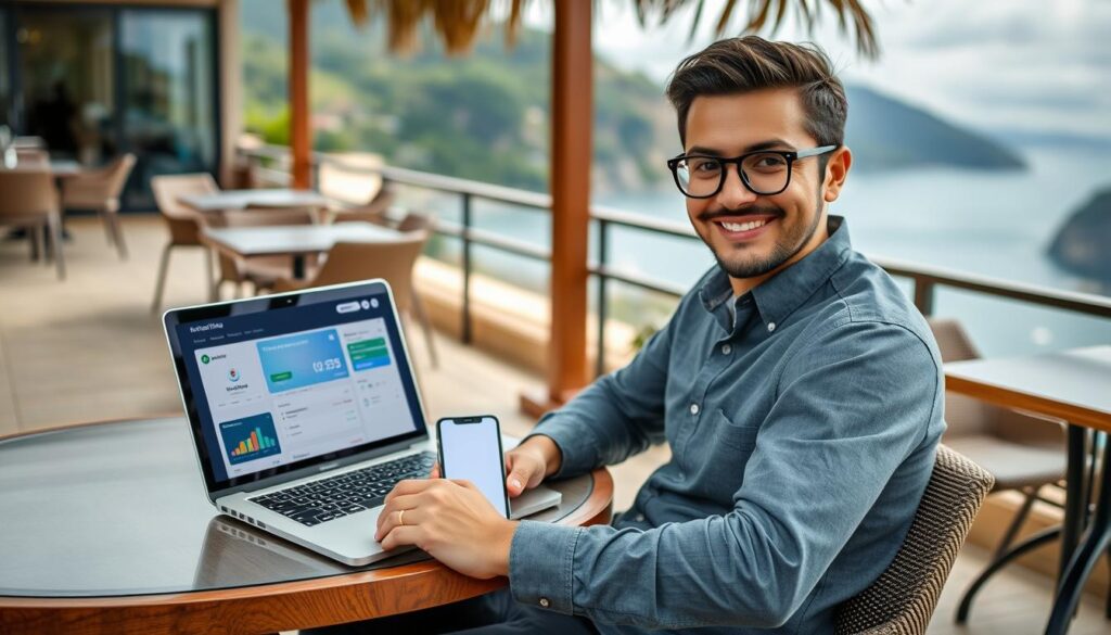 Digital nomad confidently managing finances on laptop and smartphone with multiple banking apps open representing financial freedom in 2025 Digital nomad confidently managing finances on laptop and smartphone with multiple banking apps open representing financial freedom in 2025