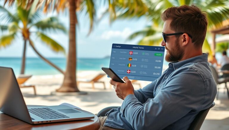 Digital nomad working on laptop at beach cafe while managing finances on smartphone, illustrating modern banking needs in 2025