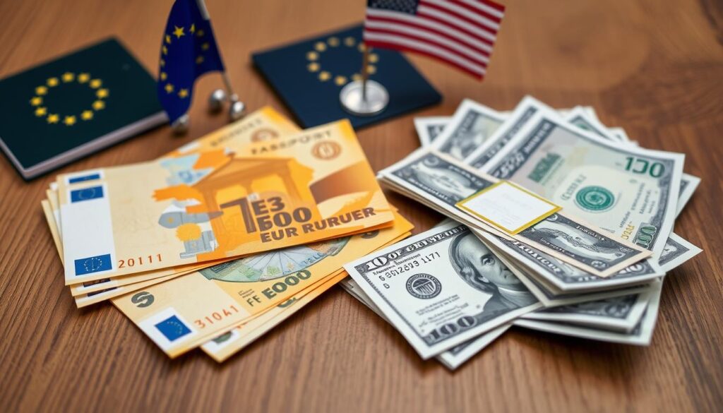 EuroandUSdollarbillssidebysideshowingcurrencydifferenceswhentravelingtoEurope Worldwide Currency Exchange Euro and US dollar bills side by side showing currency differences when traveling to Europe
