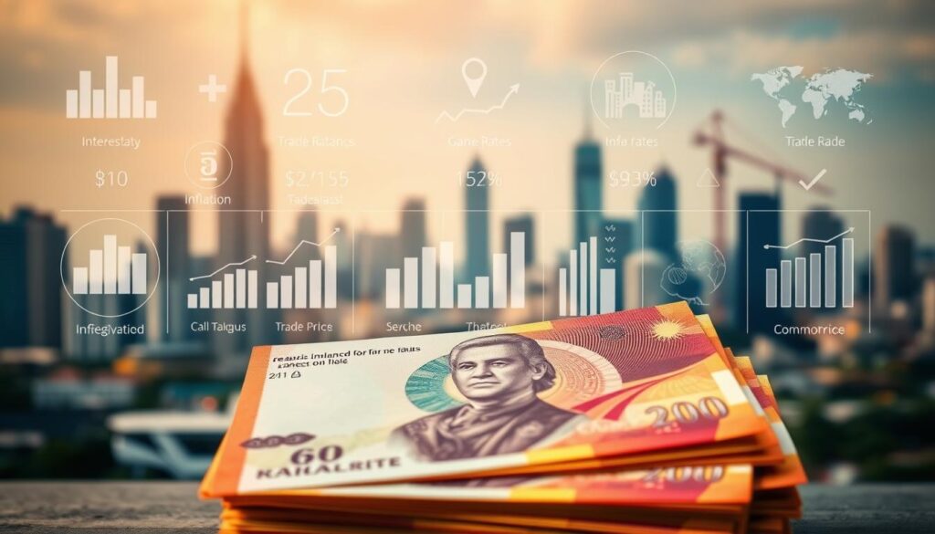 Factors affecting ringgit value a detailed visualization In the foreground a stack of Malaysian ringgit banknotes their vibrant colors and intricate designs illuminated by warm directional lighting Behind them a series of infographic style icons and graphs depicting key economic indicators   interest rates inflation trade balances and commodity prices In the background a blurred cityscape skyline with skyscrapers and cranes symbolizing the interconnectedness of the local and global economies The overall composition conveys a sense of complexity and dynamism capturing the multifaceted nature of the factors influencing the value of the Malaysian currency