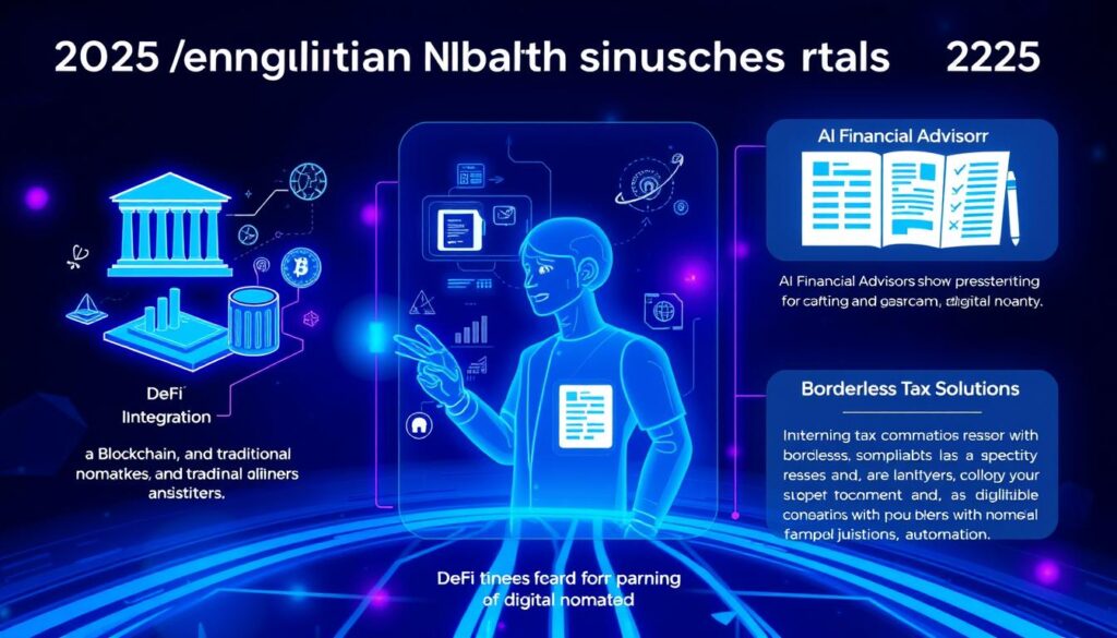 Futuristic visualization of emerging digital nomad banking trends in 2025 including DeFi integration and AI advisors Futuristic visualization of emerging digital nomad banking trends in 2025 including DeFi integration and AI advisors