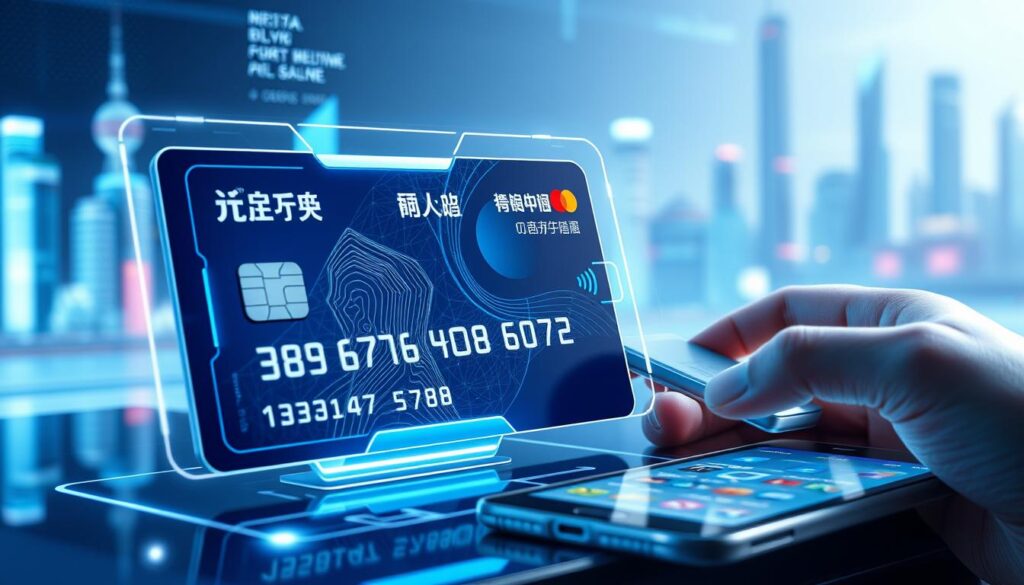 Futuristic visualization of nextgeneration credit card technology in China featuring biometric authentication Futuristic visualization of next generation credit card technology in China featuring biometric authentication