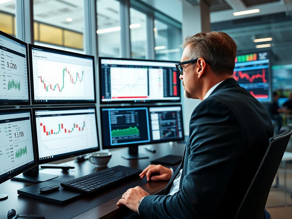 Investor analyzing swap rate data on multiple screens