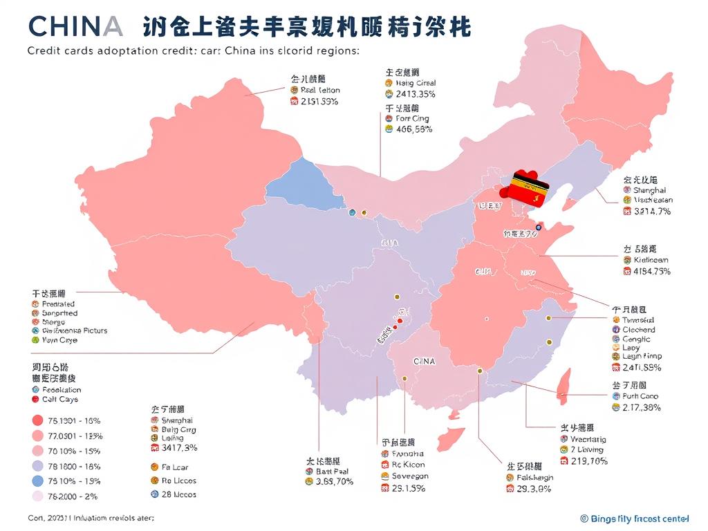 Map of China showing credit card adoption rates across different regions with highest penetration in eastern coastal cities Map of China showing credit card adoption rates across different regions with highest penetration in eastern coastal cities