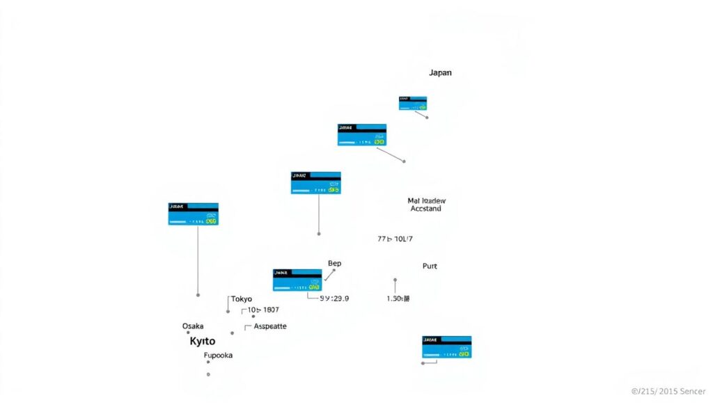 Map showing credit card acceptance hotspots across major Japanese cities