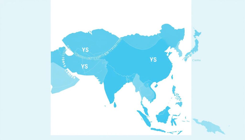 MapshowingthemostcommoncurrencyinAsiawithcurrencysymbolsoverlaidondifferent Worldwide Currency Exchange Map showing the most common currency in Asia with currency symbols overlaid on different regions