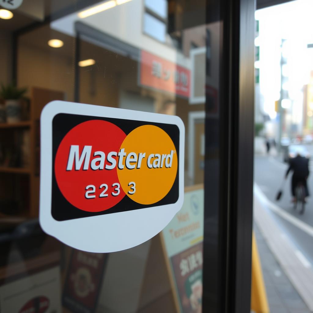 Mastercard logo displayed at a Japanese store entrance