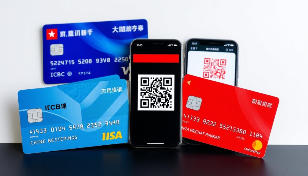 ModernChinesecreditcardsdisplayedalongsidemobilepaymentQRcodesshowingtheevolution Worldwide Currency Exchange Modern Chinese credit cards displayed alongside mobile payment QR codes showing the evolution of China credit cards