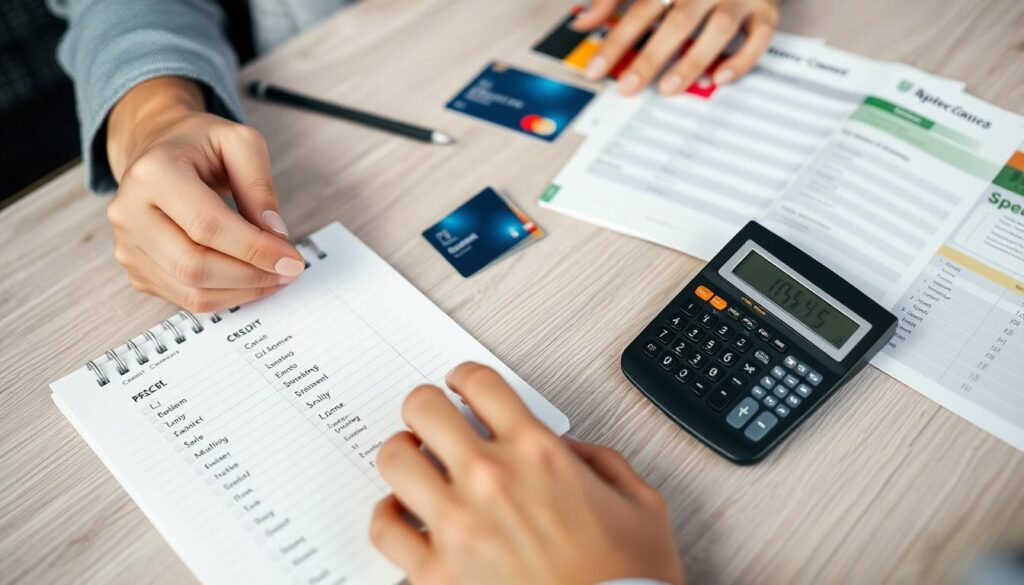 Person analyzing different Belgium credit card options based on spending habits