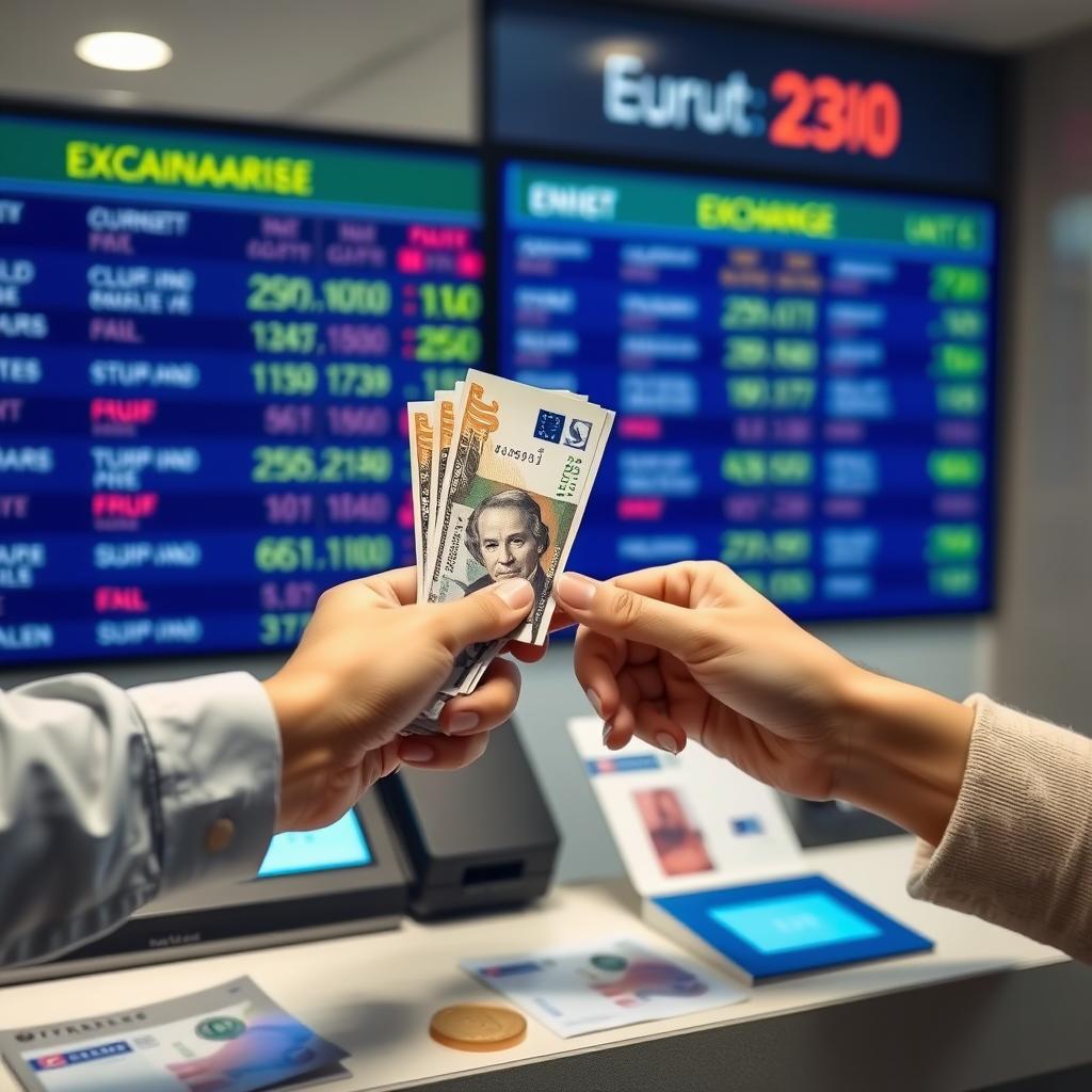 Person at currency exchange office converting US dollars to euros in emergency situation Person at currency exchange office converting US dollars to euros in emergency situation