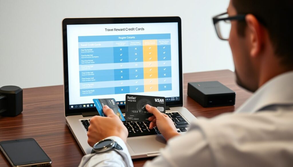 Person comparing international credit cards with no foreign transaction fee on a laptop