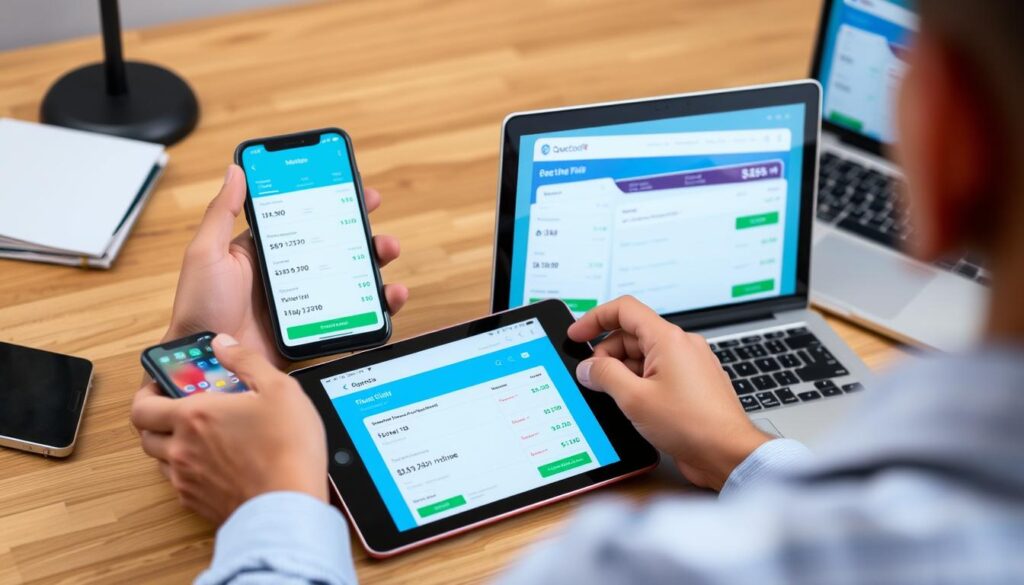 Person comparing money transfer apps on multiple devices