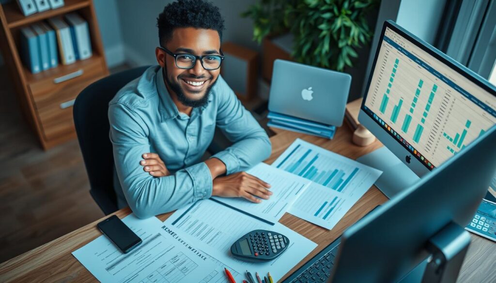Person confidently planning finances with recession preparation materials Person confidently planning finances with recession preparation materials