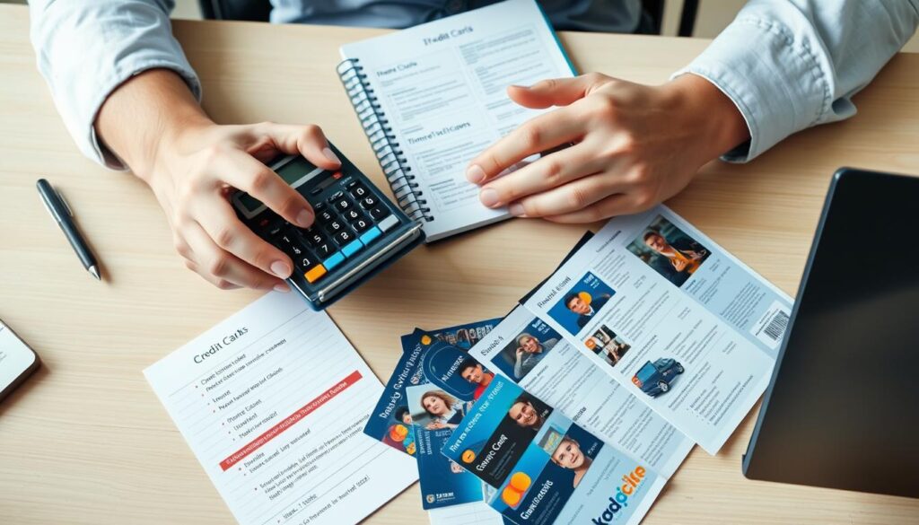 Person evaluating different international credit cards with no foreign transaction fee