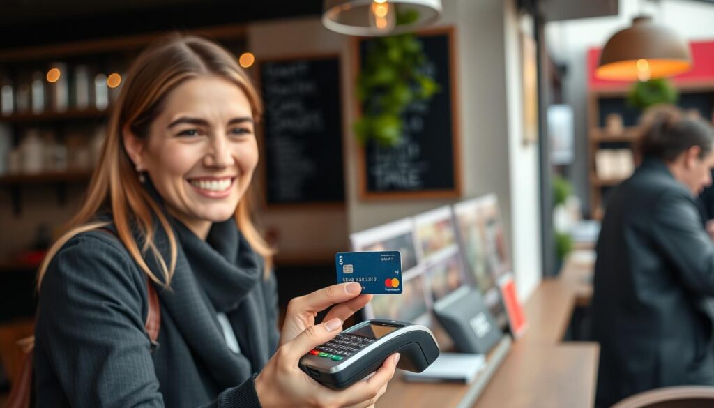 Person happily using their new Belgium credit card for a purchase