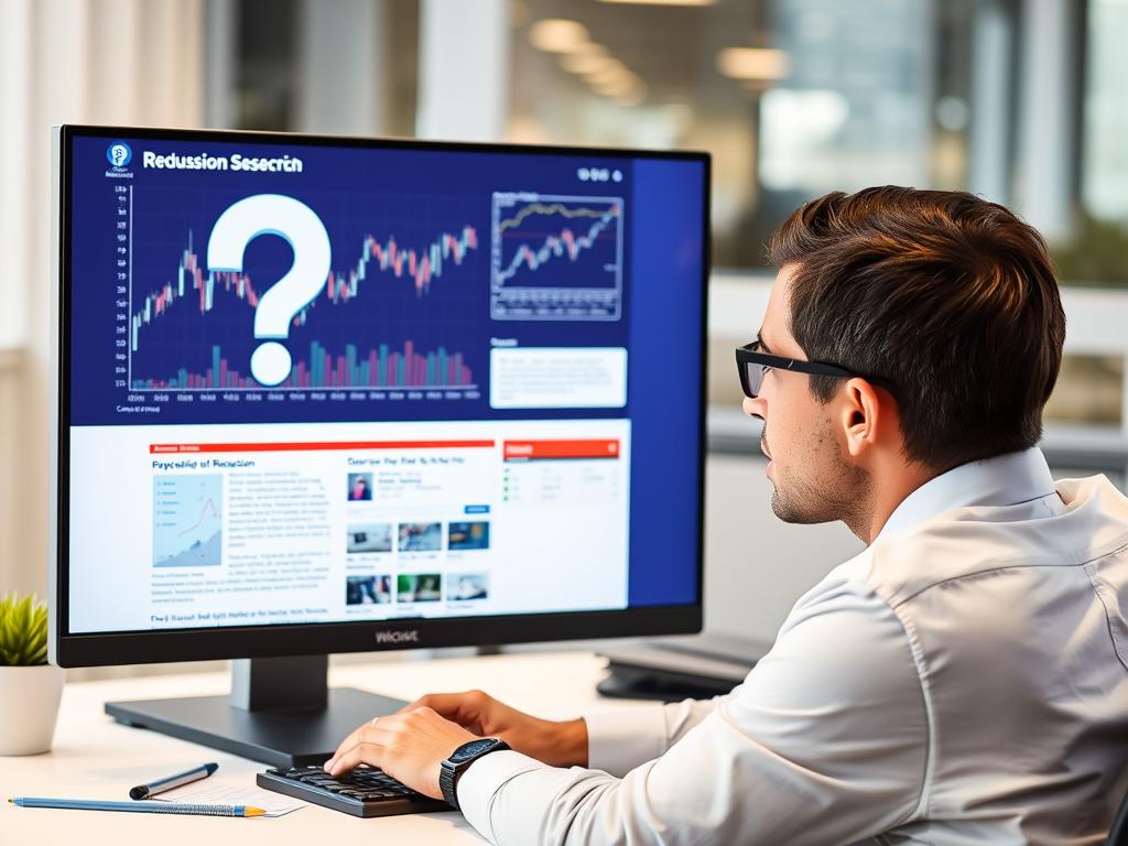 Person researching recession information on computer with question marks Person researching recession information on computer with question marks