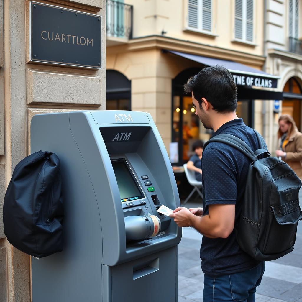 Person using ATM in Europe to withdraw local currency instead of using US dollars Person using ATM in Europe to withdraw local currency instead of using US dollars